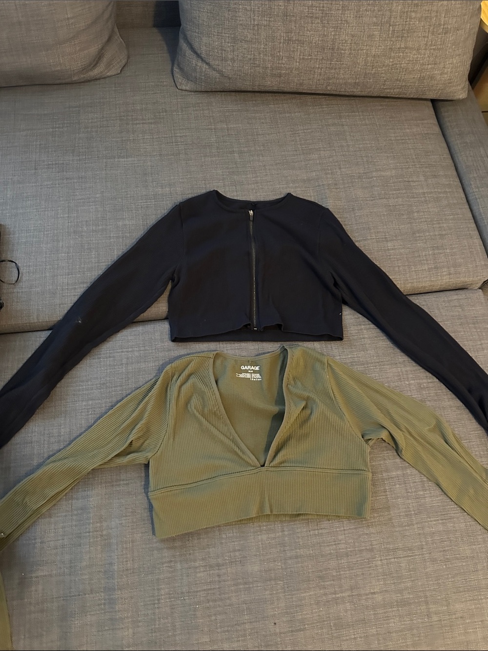 Garage Olive Ribbed V-Neck Cropped Long Sleeve Top & Black Zip-Up Crop Layer
